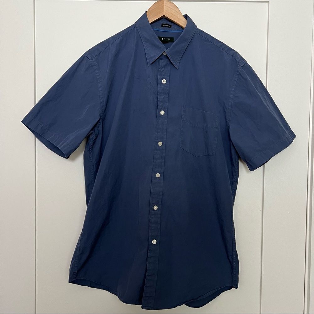 J Crew Shirt Mens Large Blue Tailored Fit Button Up Short Sleeve Preppy Cotton